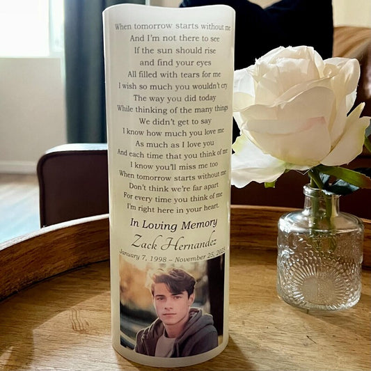 Personalized Memorial Candle with Photo & Poem • LED Remembrance Keepsake with Name & Dates