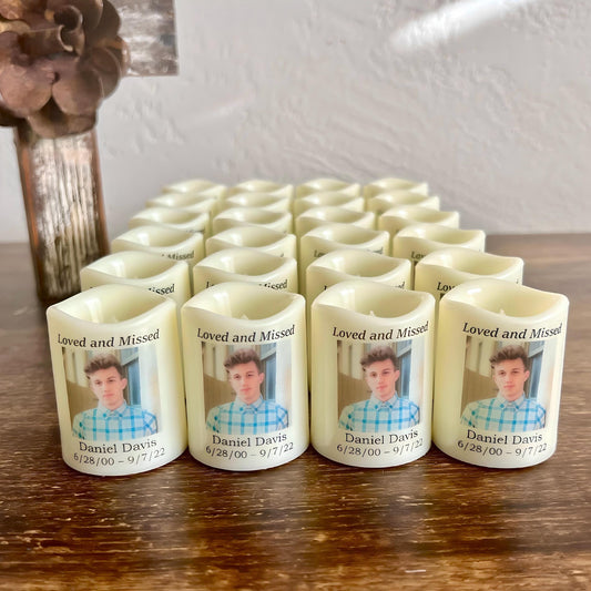 Personalized Memorial Candle Favors • Set of 24 Mini Funeral Remembrance Candles • Bulk Sympathy Keepsakes