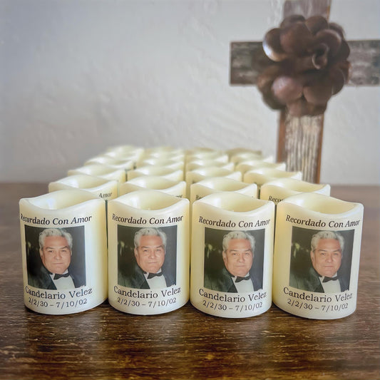 Spanish Personalized Memorial Candle Favors • Set of 24 Veladoras Memoriales para Funeral • Recuerdos Personalizados