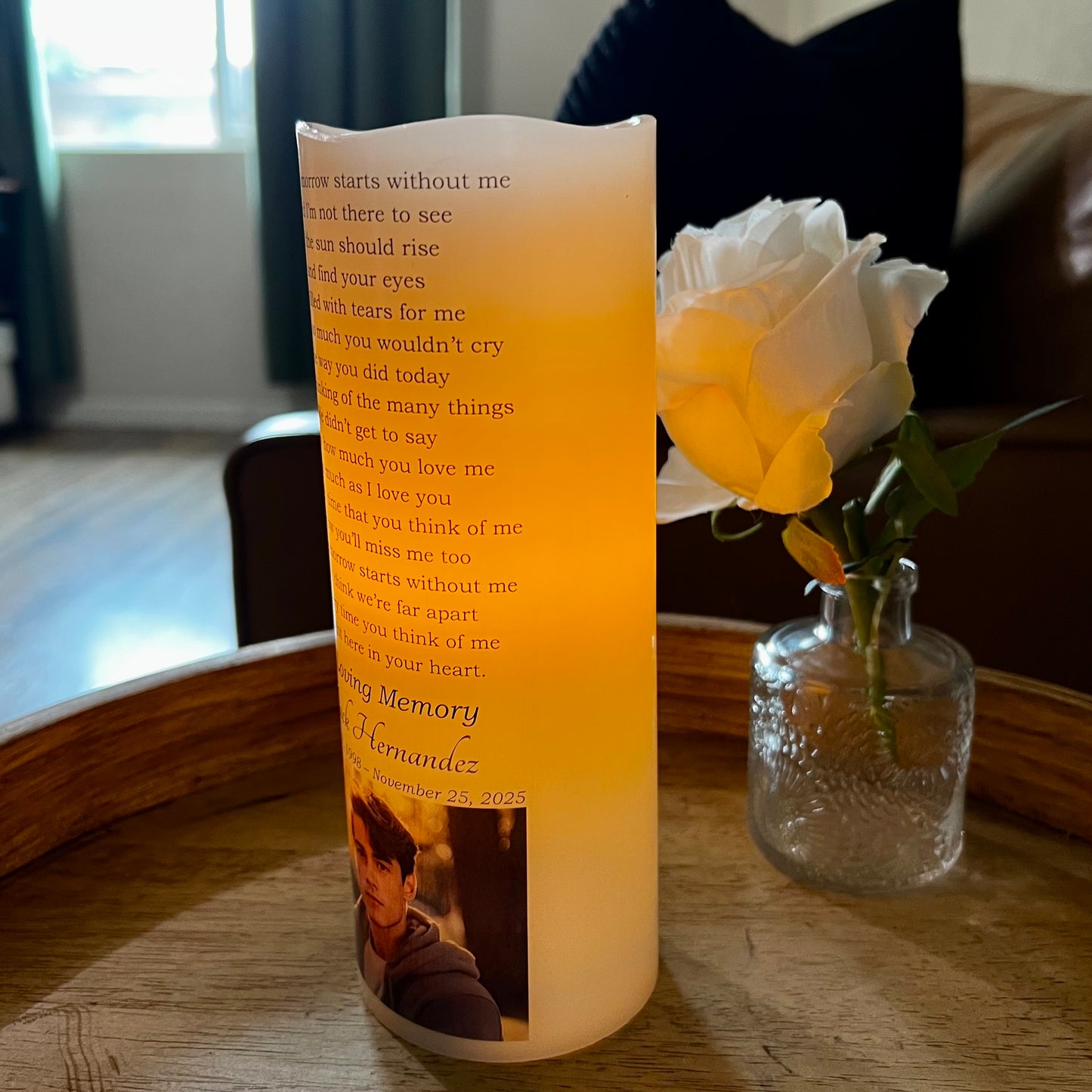 Personalized Memorial Candle with Photo & Poem • LED Remembrance Keepsake with Name & Dates
