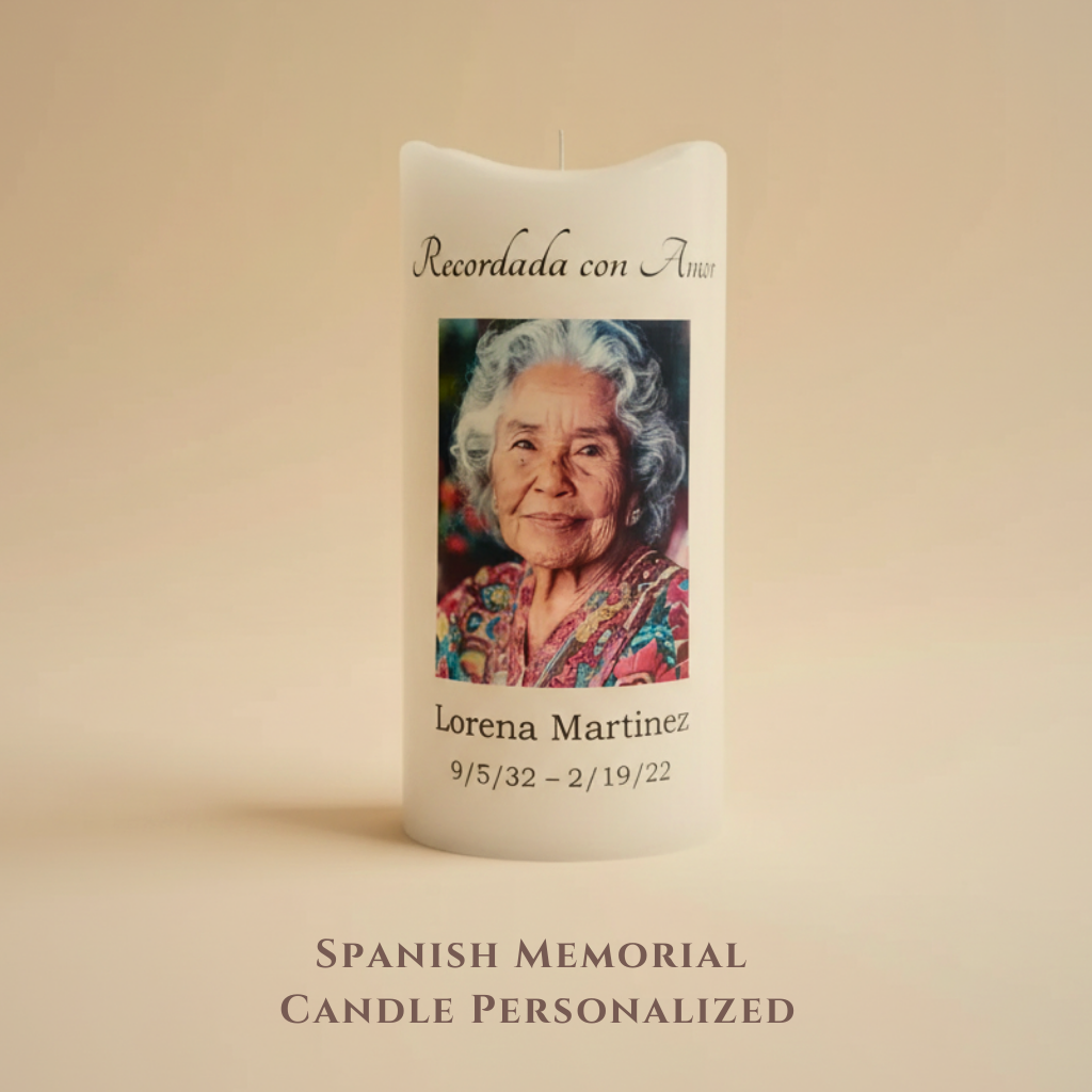 Minimalist Spanish Memorial Candle with Photo, Name & Dates | Personalized LED Remembrance Candle with Quote Options