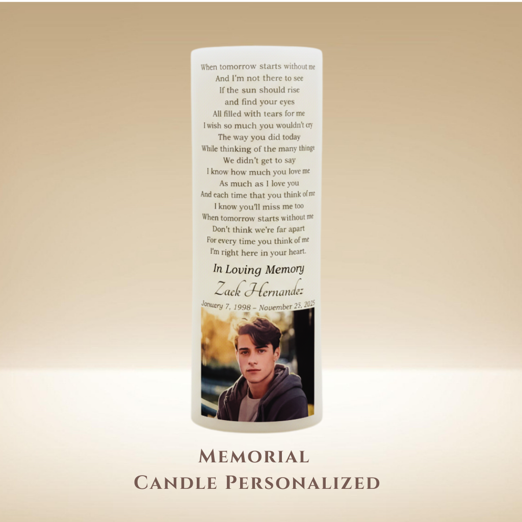 Personalized Memorial Candle with Photo & Poem • LED Remembrance Keepsake with Name & Dates