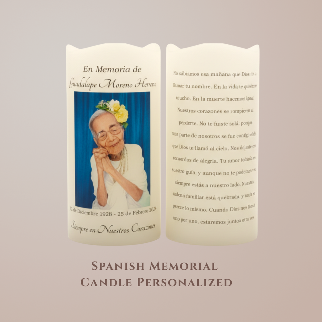 Personalized Spanish Memorial Candle with Photo • Two-Sided LED Remembrance Keepsake • Veladora Memorial Personalizada
