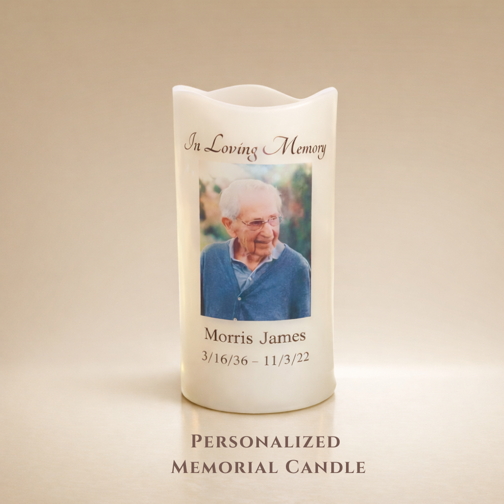 Minimalist Memorial Candle with Photo, Name & Dates | Personalized LED Remembrance Candle with Quote Options