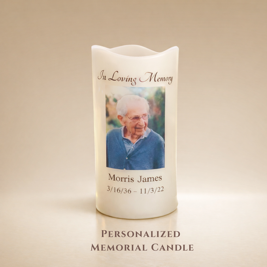 Minimalist Memorial Candle with Photo, Name & Dates • Personalized LED Remembrance Candle with Quote Options