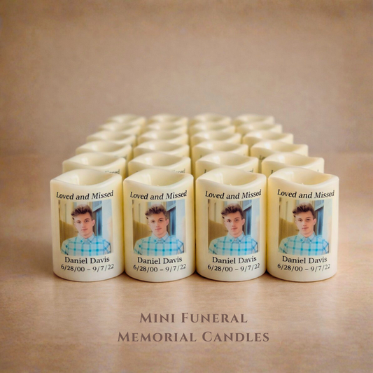 Personalized Memorial Candle Favors • Set of 24 Mini Funeral Remembrance Candles • Bulk Sympathy Keepsakes