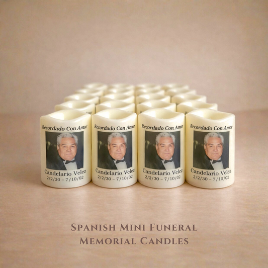 Spanish Personalized Memorial Candle Favors • Set of 24 Veladoras Memoriales para Funeral • Recuerdos Personalizados
