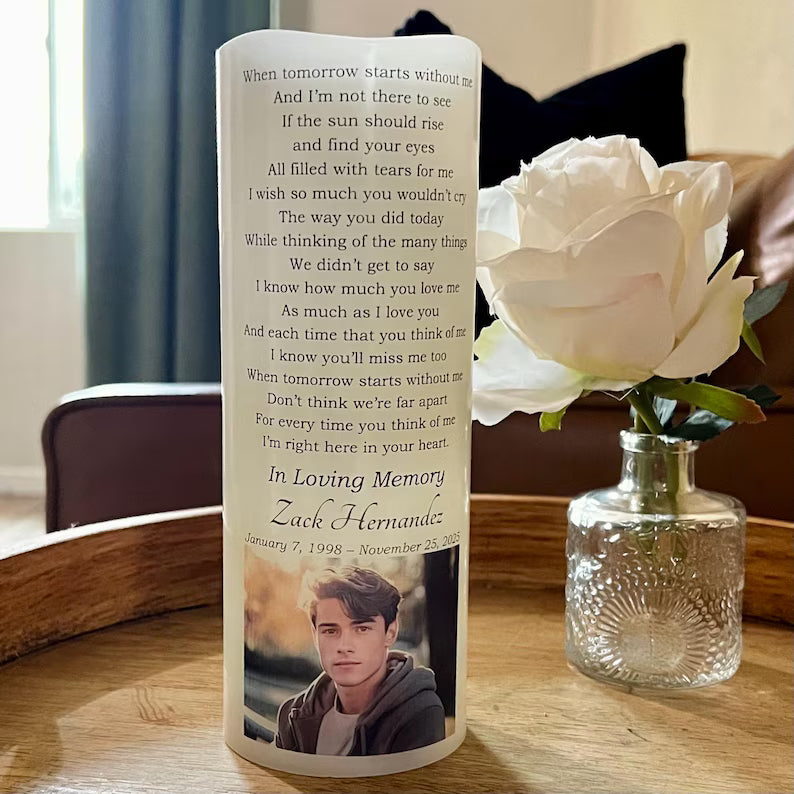 Personalized Memorial Candle with Photo & Poem • LED Remembrance Keepsake with Name & Dates