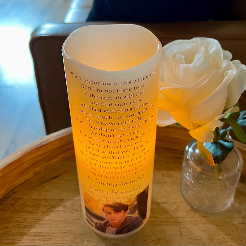 Personalized Memorial Candle with Photo & Poem • LED Remembrance Keepsake with Name & Dates