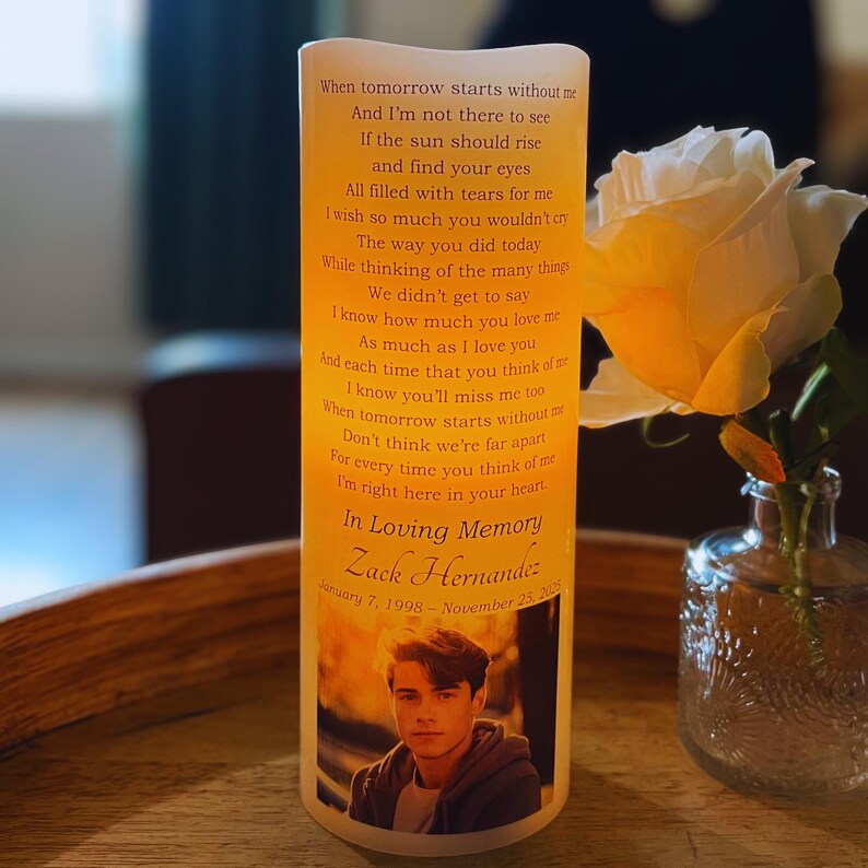 Personalized Memorial Candle with Photo & Poem • LED Remembrance Keepsake with Name & Dates