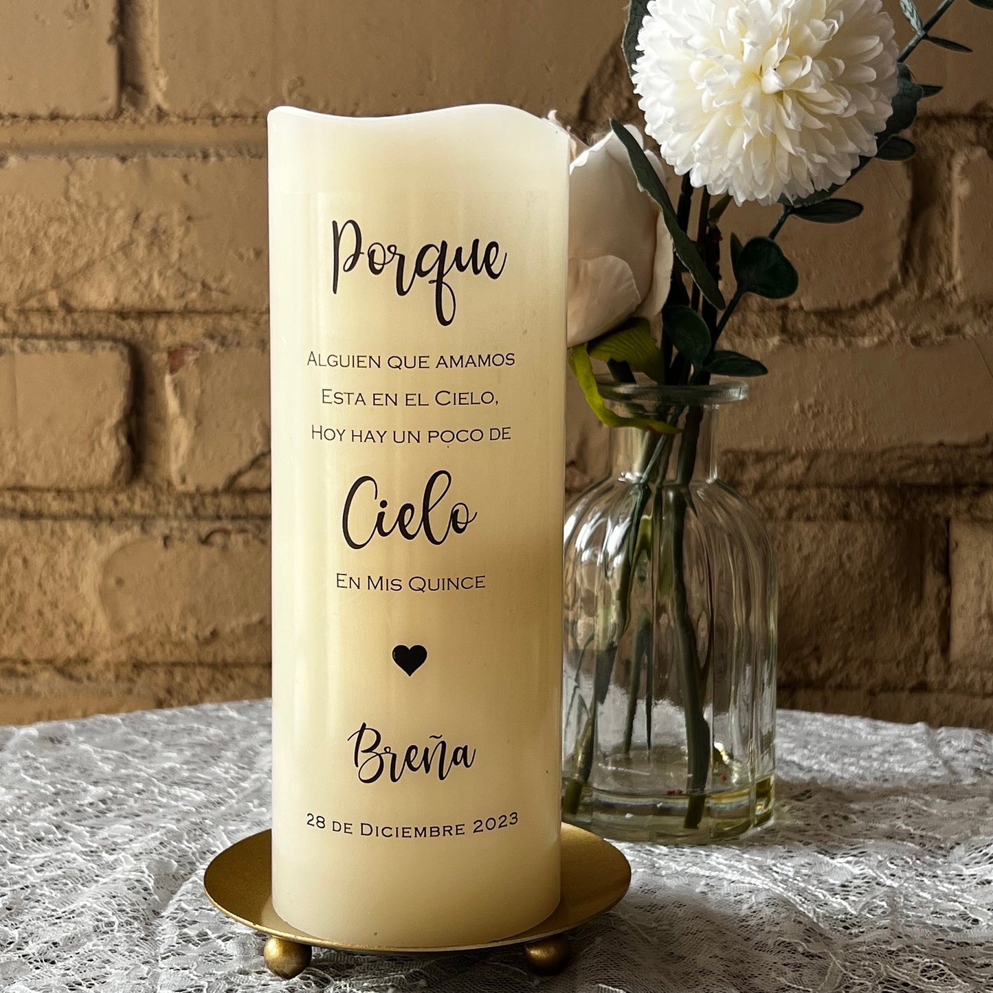 Personalized Quinceañera Memorial Candle • Remembrance Table LED Candle • Vela Memorial Quinceañera (English or Spanish)