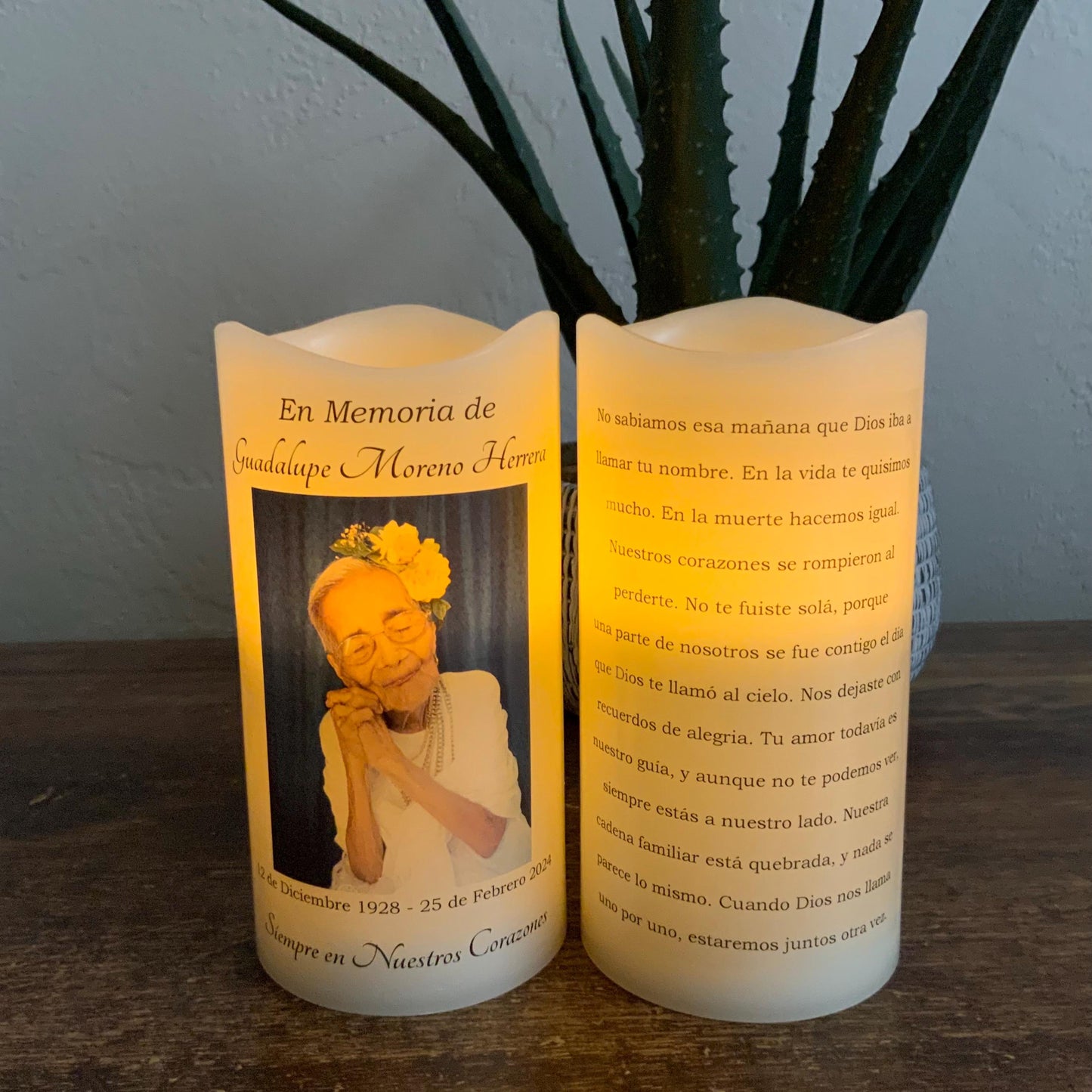 Personalized Spanish Memorial Candle with Photo • Two-Sided LED Remembrance Keepsake • Veladora Memorial Personalizada