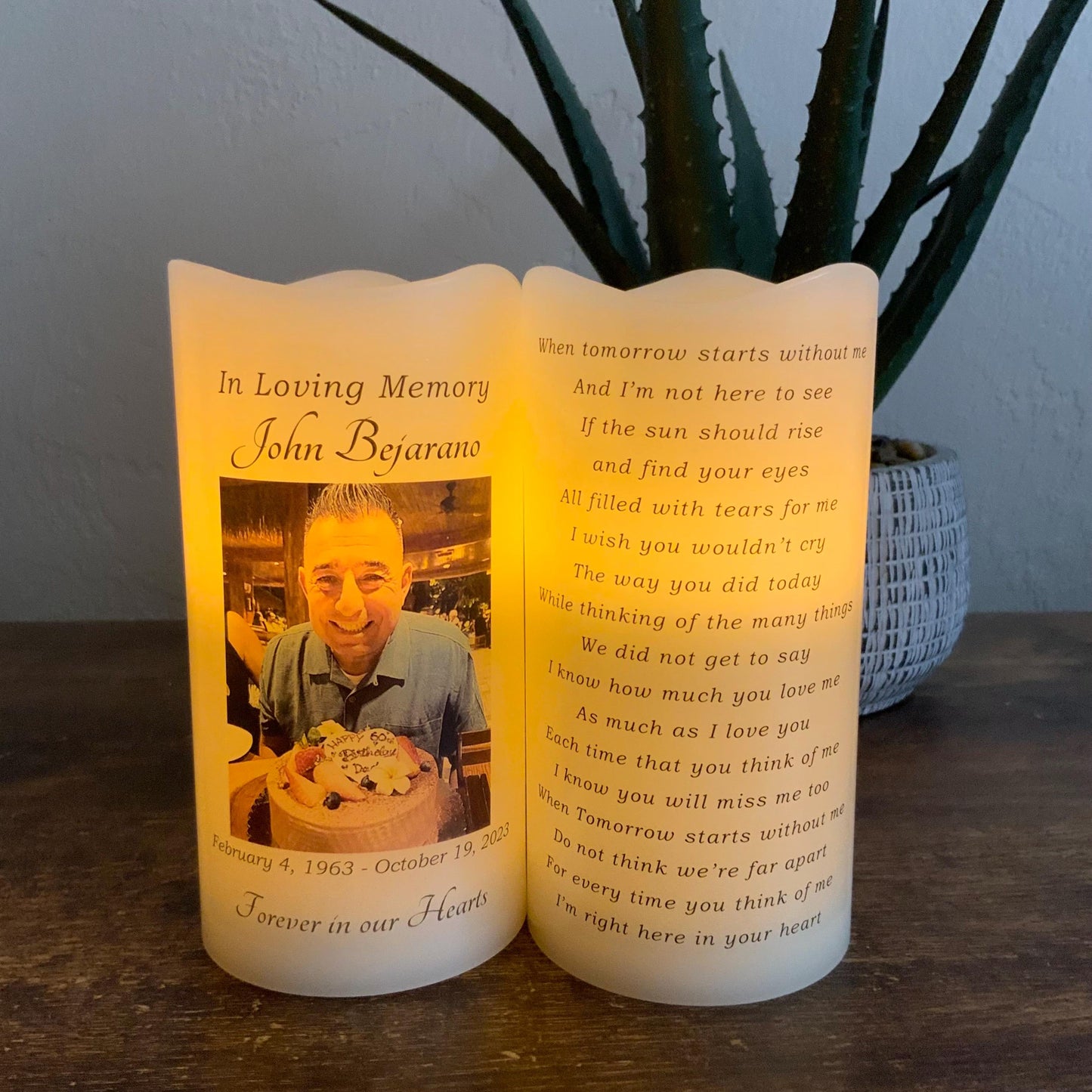Personalized Two-Sided Memorial Candle with Photo & Poem • LED Remembrance Keepsake with Name & Dates