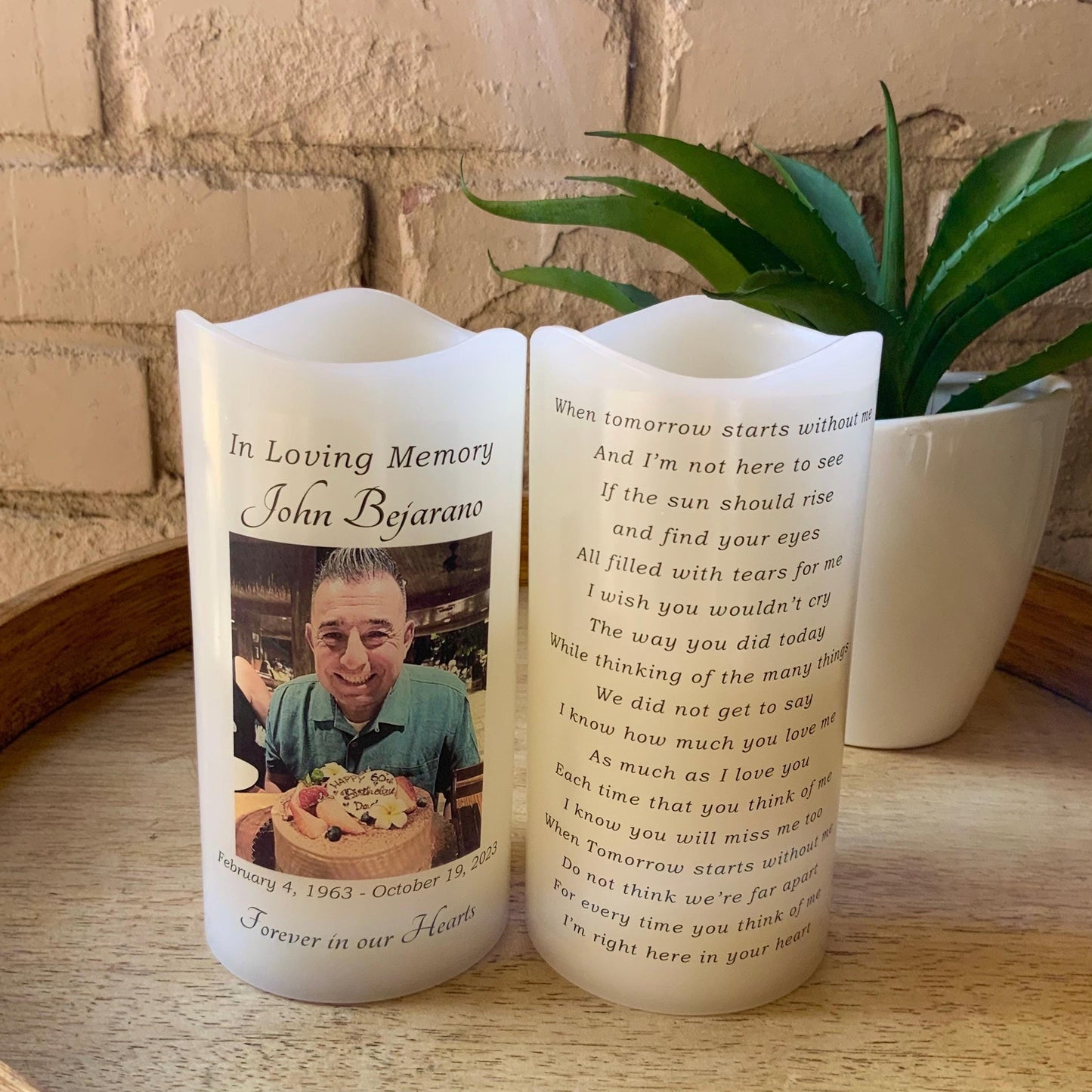 Personalized Two-Sided Memorial Candle with Photo & Poem • LED Remembrance Keepsake with Name & Dates