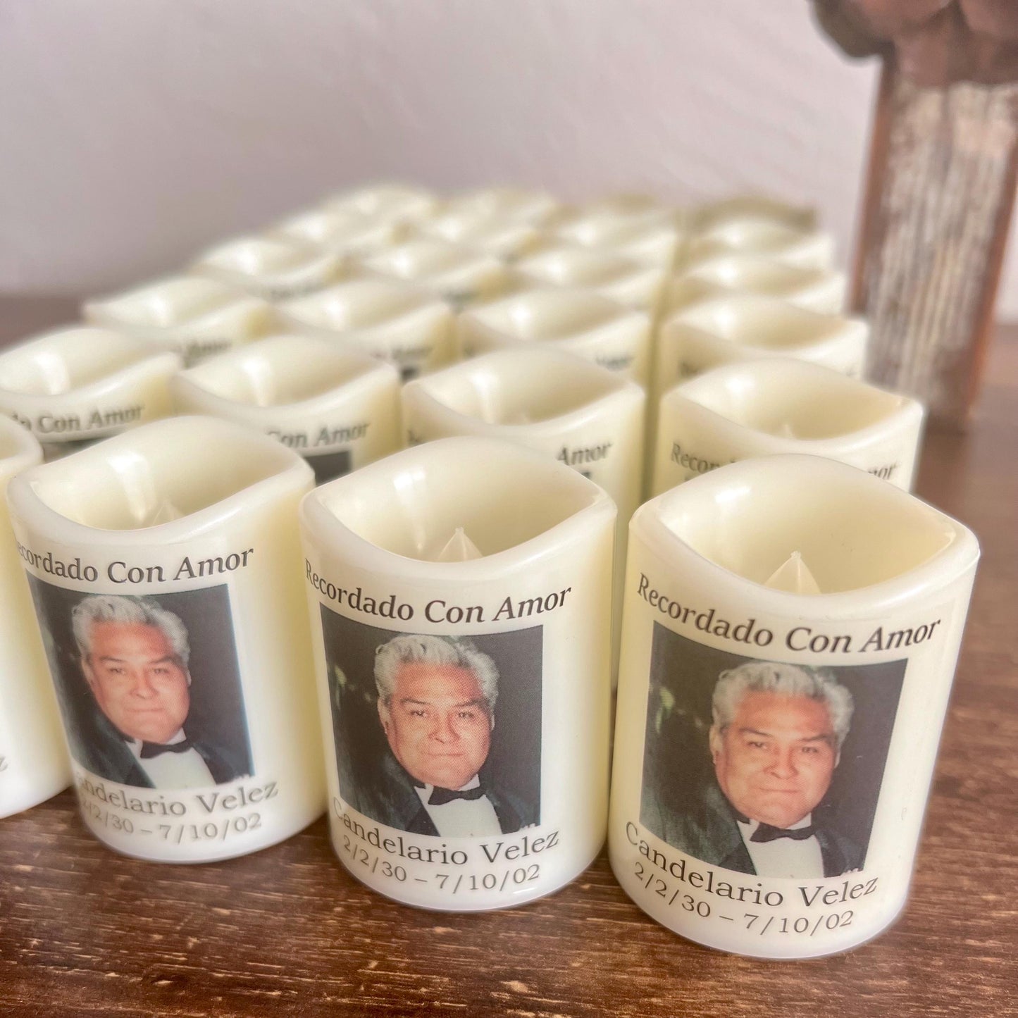 Spanish Personalized Memorial Candle Favors | Set of 24 Veladoras Memoriales para Funeral | Recuerdos Personalizados