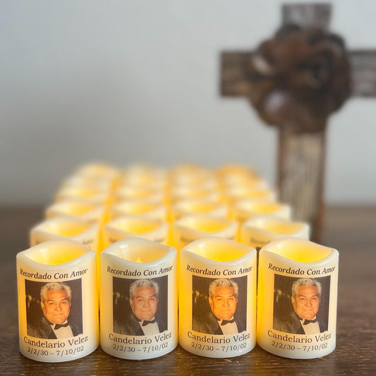 Spanish Personalized Memorial Candle Favors | Sets of 12–48 Veladoras Memoriales | Recuerdos Personalizados