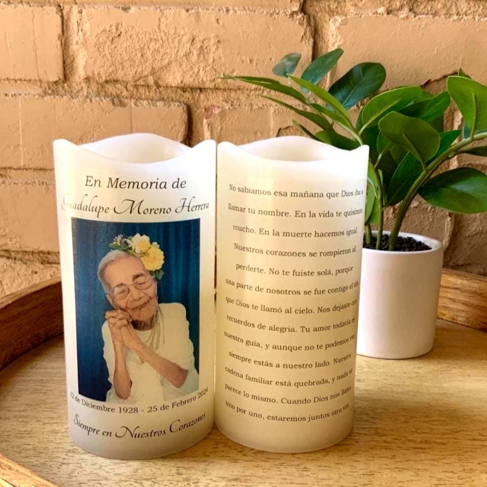 Personalized Spanish Memorial Candle with Photo • Two-Sided LED Remembrance Keepsake • Veladora Memorial Personalizada