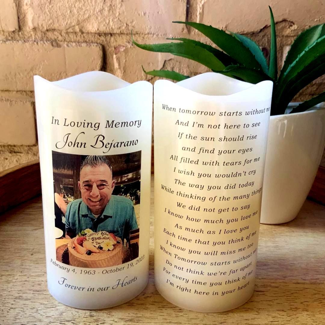 Personalized Two-Sided Memorial Candle with Photo & Poem • LED Remembrance Keepsake with Name & Dates