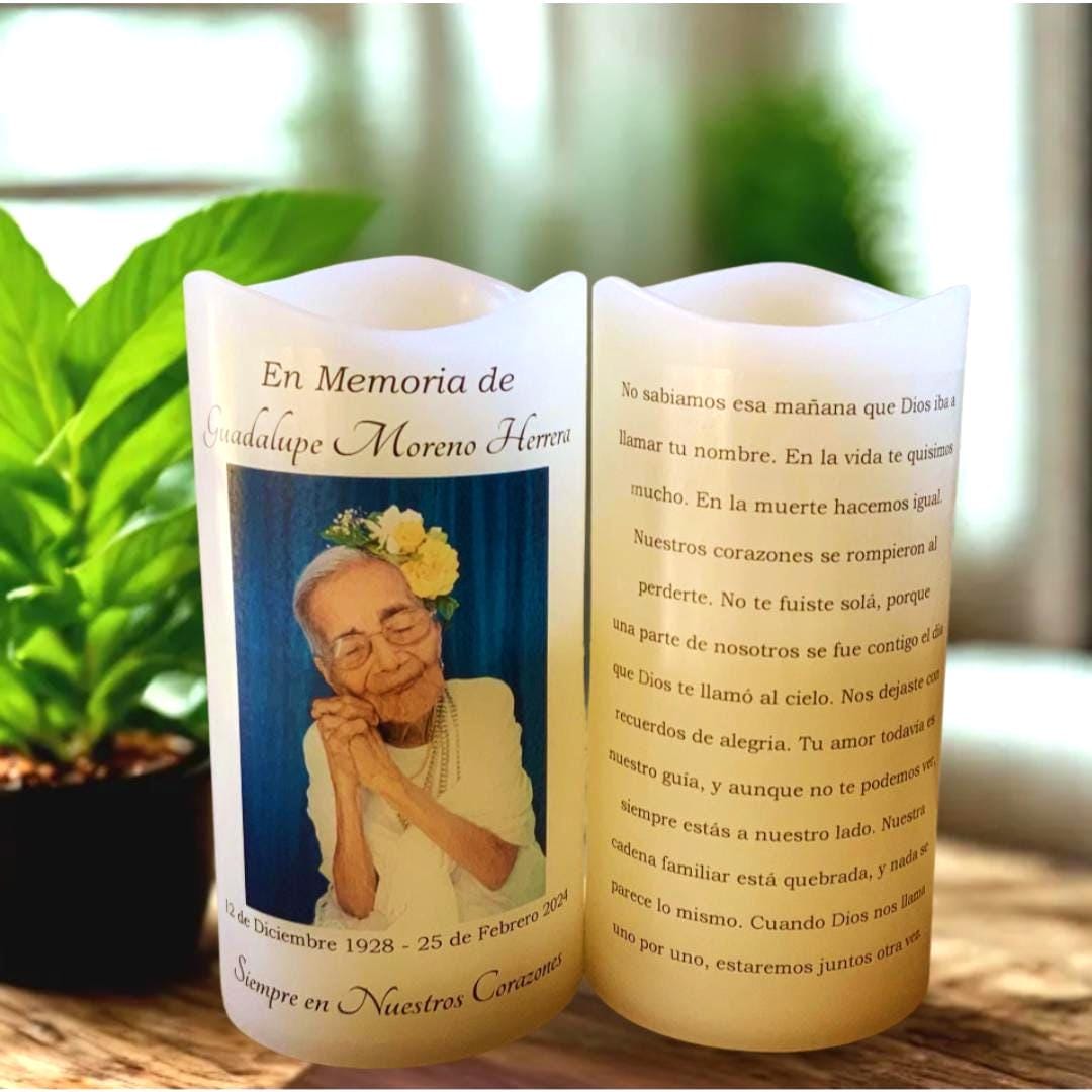 Personalized Spanish Memorial Candle with Photo • Two-Sided LED Remembrance Keepsake • Veladora Memorial Personalizada