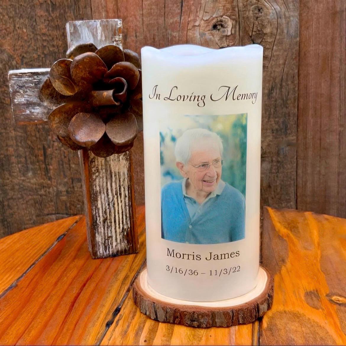 Minimalist Memorial Candle with Photo, Name & Dates | Personalized LED Remembrance Candle with Quote Options