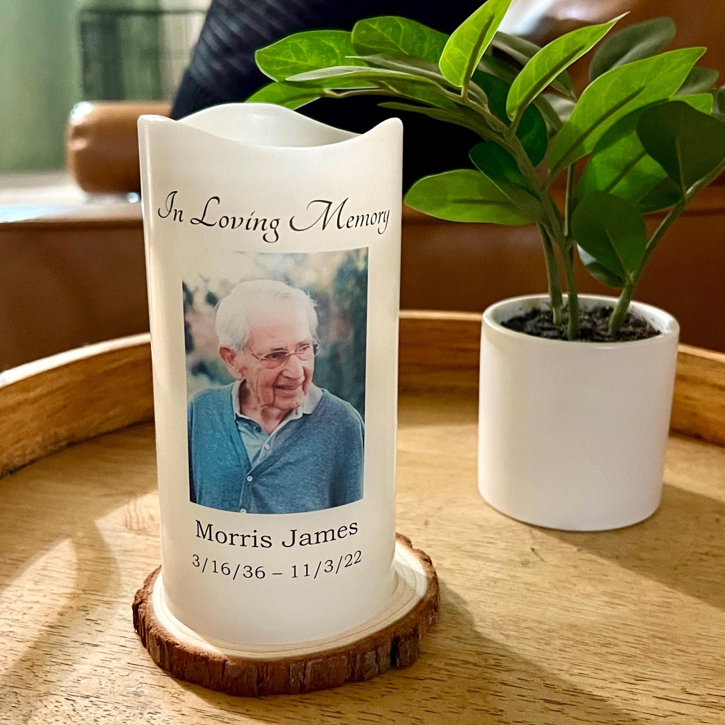 Minimalist Memorial Candle with Photo, Name & Dates | Personalized LED Remembrance Candle with Quote Options