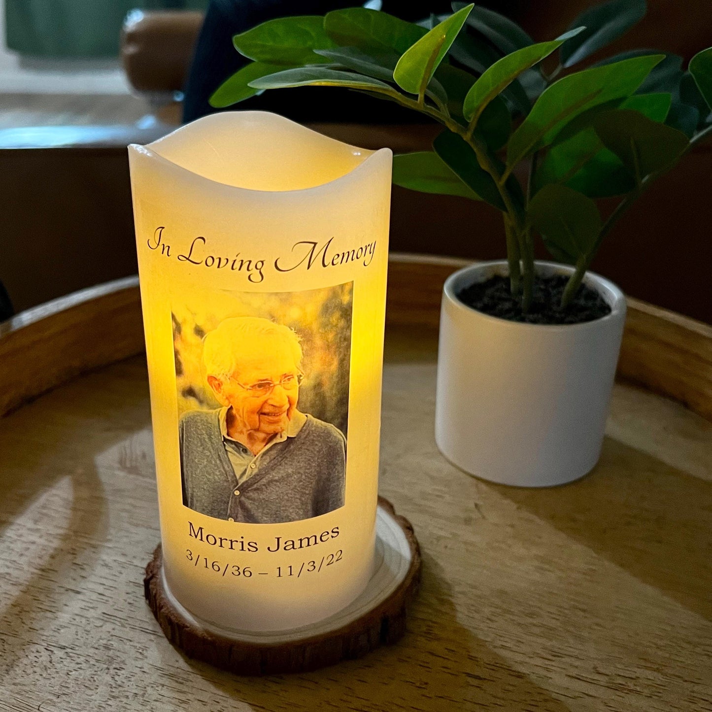 Minimalist Memorial Candle with Photo, Name & Dates | Personalized LED Remembrance Candle with Quote Options