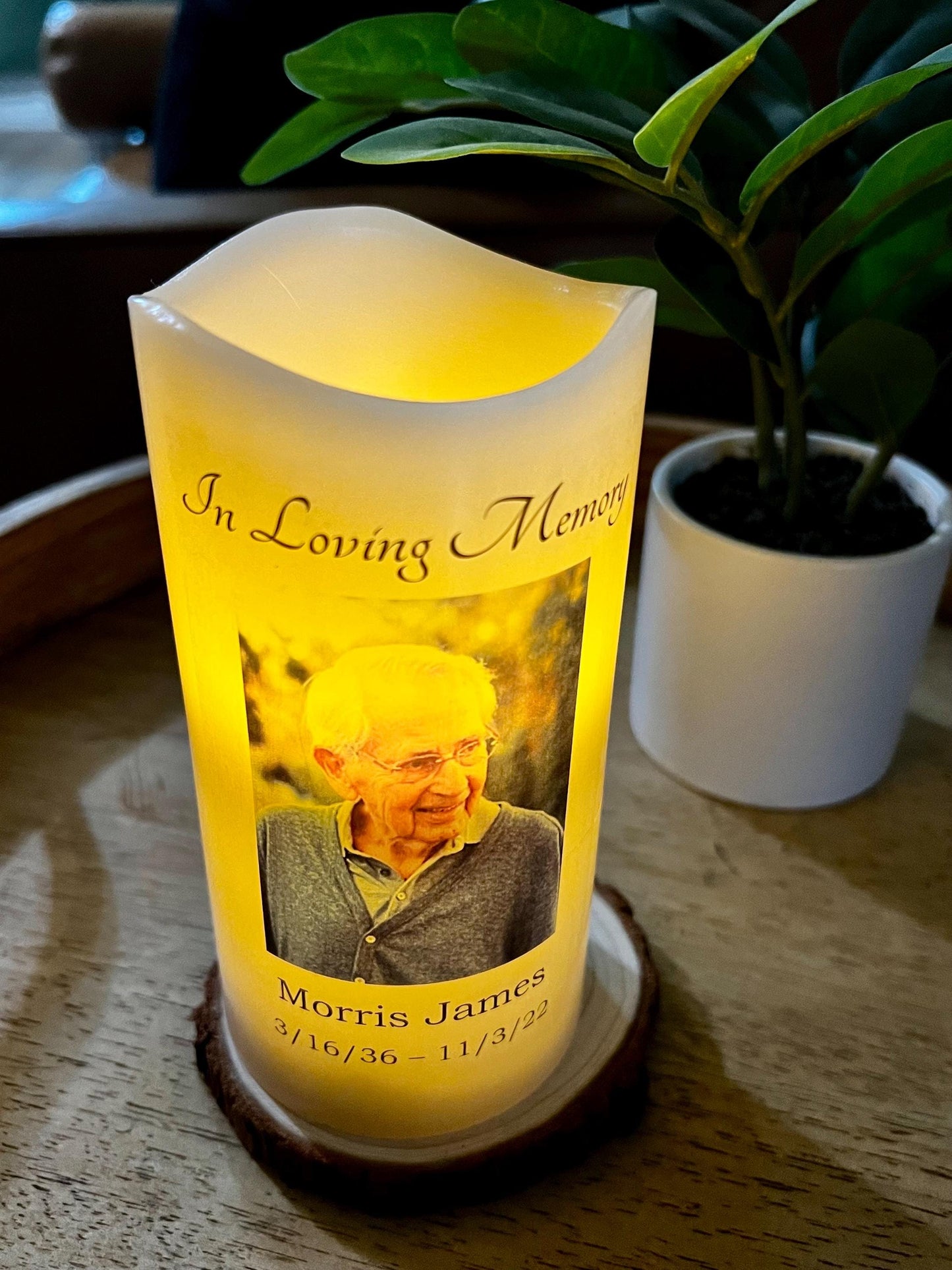 Minimalist Memorial Candle with Photo, Name & Dates | Personalized LED Remembrance Candle with Quote Options