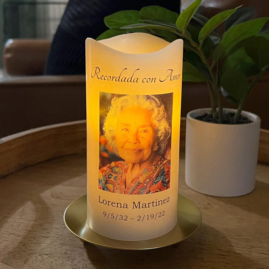 Personalized Spanish Memorial Candle | Minimalist LED Photo & Quote Candle | 4", 6" or 8"