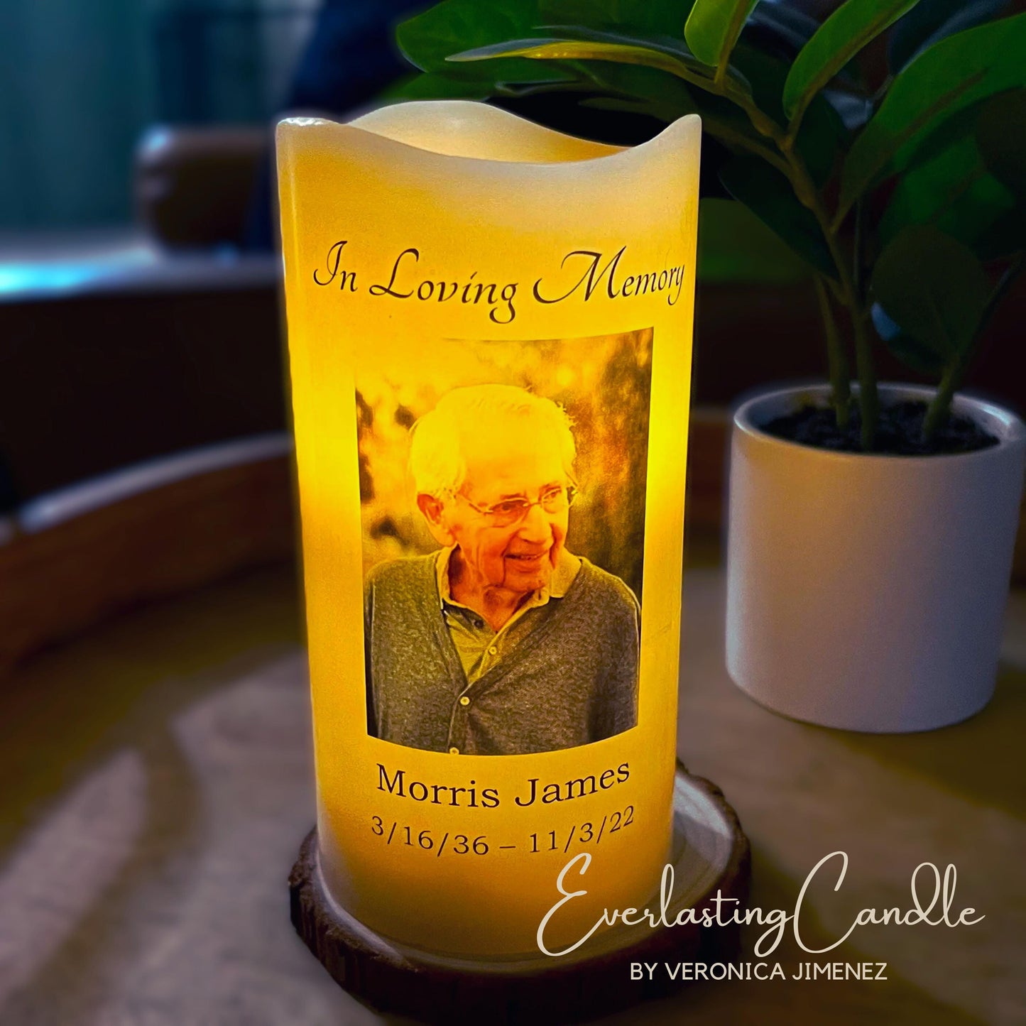 Minimalist Memorial Candle with Photo, Name & Dates | Personalized LED Remembrance Candle with Quote Options