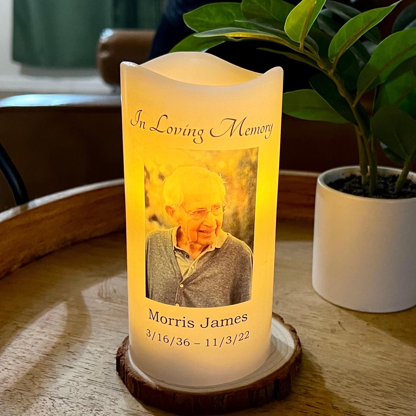 Minimalist Memorial Candle with Photo, Name & Dates | Personalized LED Remembrance Candle with Quote Options