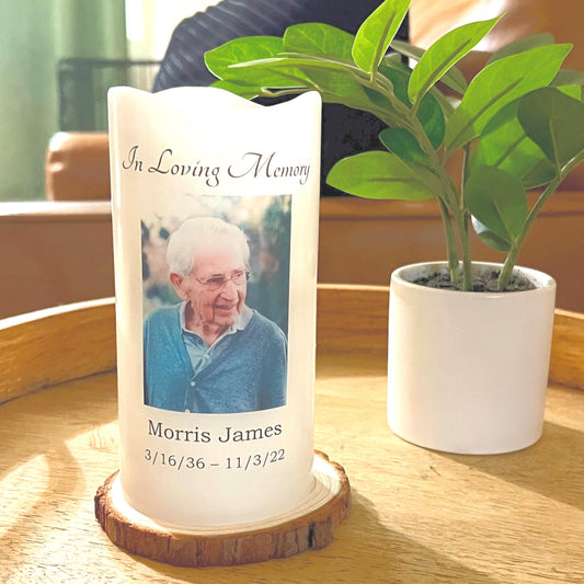 Minimalist Memorial Candle with Photo, Name & Dates • Personalized LED Remembrance Candle with Quote Options